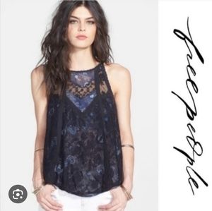🎉HP🎉Free People High Neck Navy Lace Overlay Side-Tie Tank Sz S